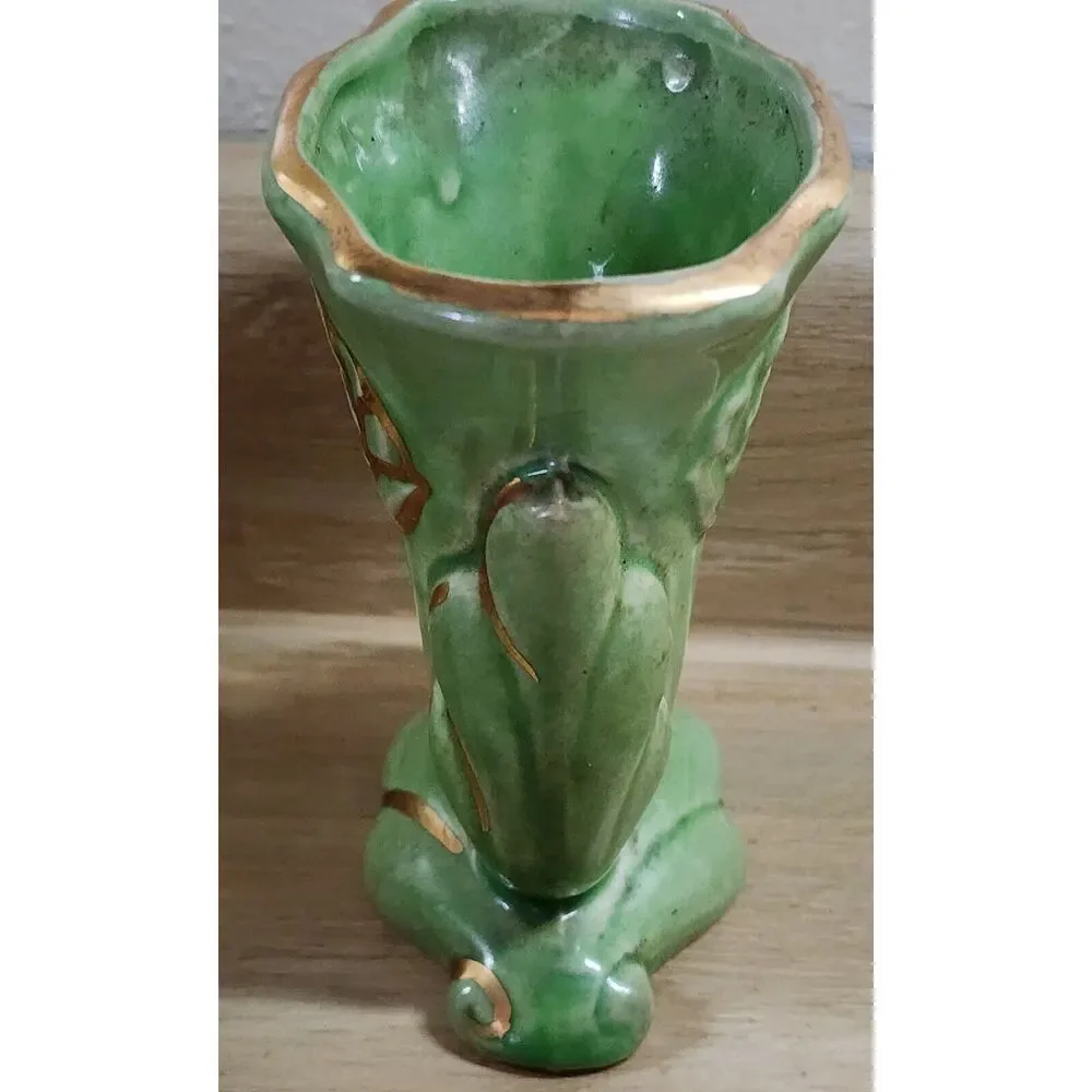 Apco American Bisque Green 22 Kt Gold Cornucopia Vase Hand Painted 4 3/4